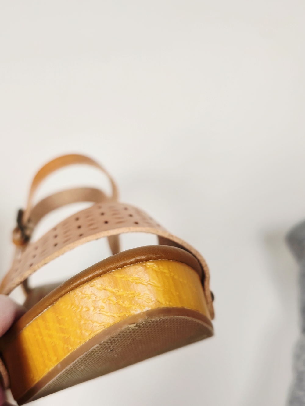 Women's Tan Woodgrain Look Laser-Cut Block Heel Sandals with Ankle Strap - Picture 15 of 16